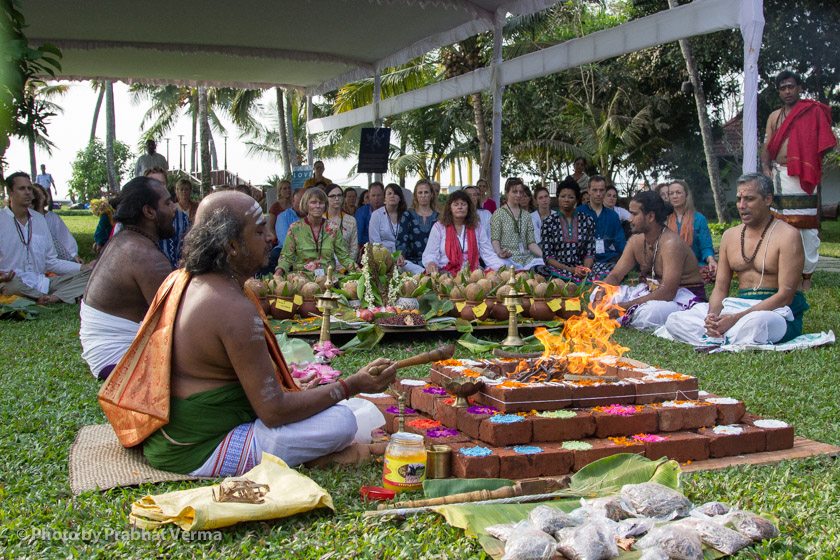Priests perform a homa, a sacred Hindu fire ceremony.