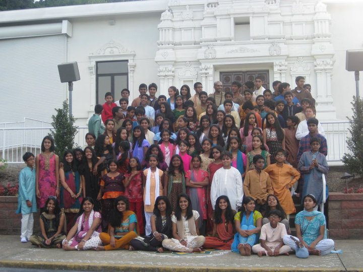 36_sv-camp Campers and teachers gather for a group photo in front of the Sri Venkateswara temple in Pittsburgh
