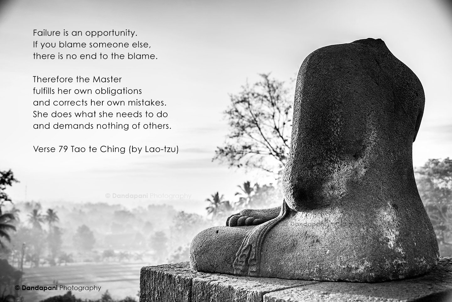 The photo is a decapitated meditating Buddha at the beautiful Borobudur Temple in Central Java, Indonesia.