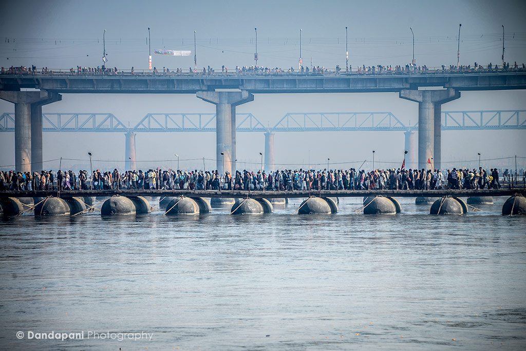 A few temporary pontoon bridges are created across the rivers to ferry millions of pilgrims from bank to bank.